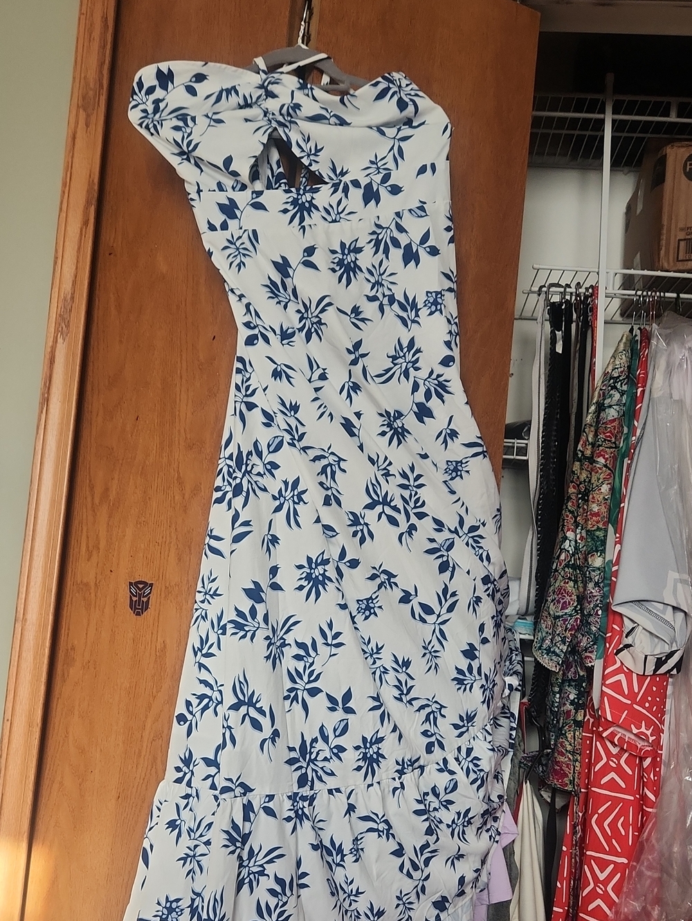 Halter/Strapless White Dress with Blue Floral Print